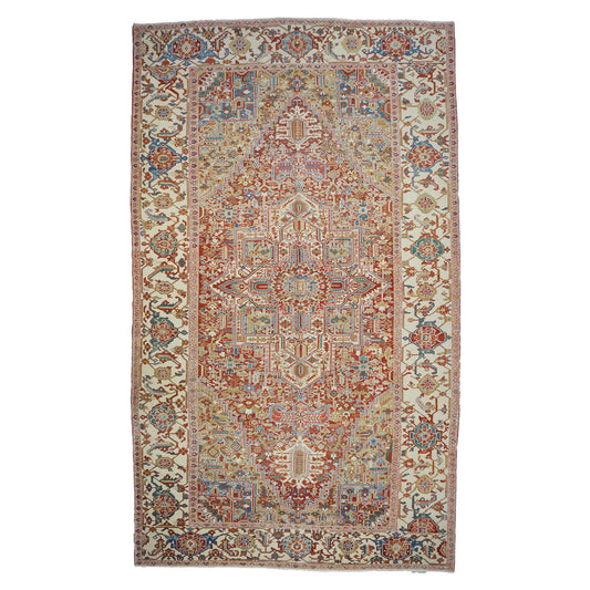 Antique Persian Heriz Wool 11X19 Red, Ivory & Blue Handmade Oversized Area Rug #1140939
