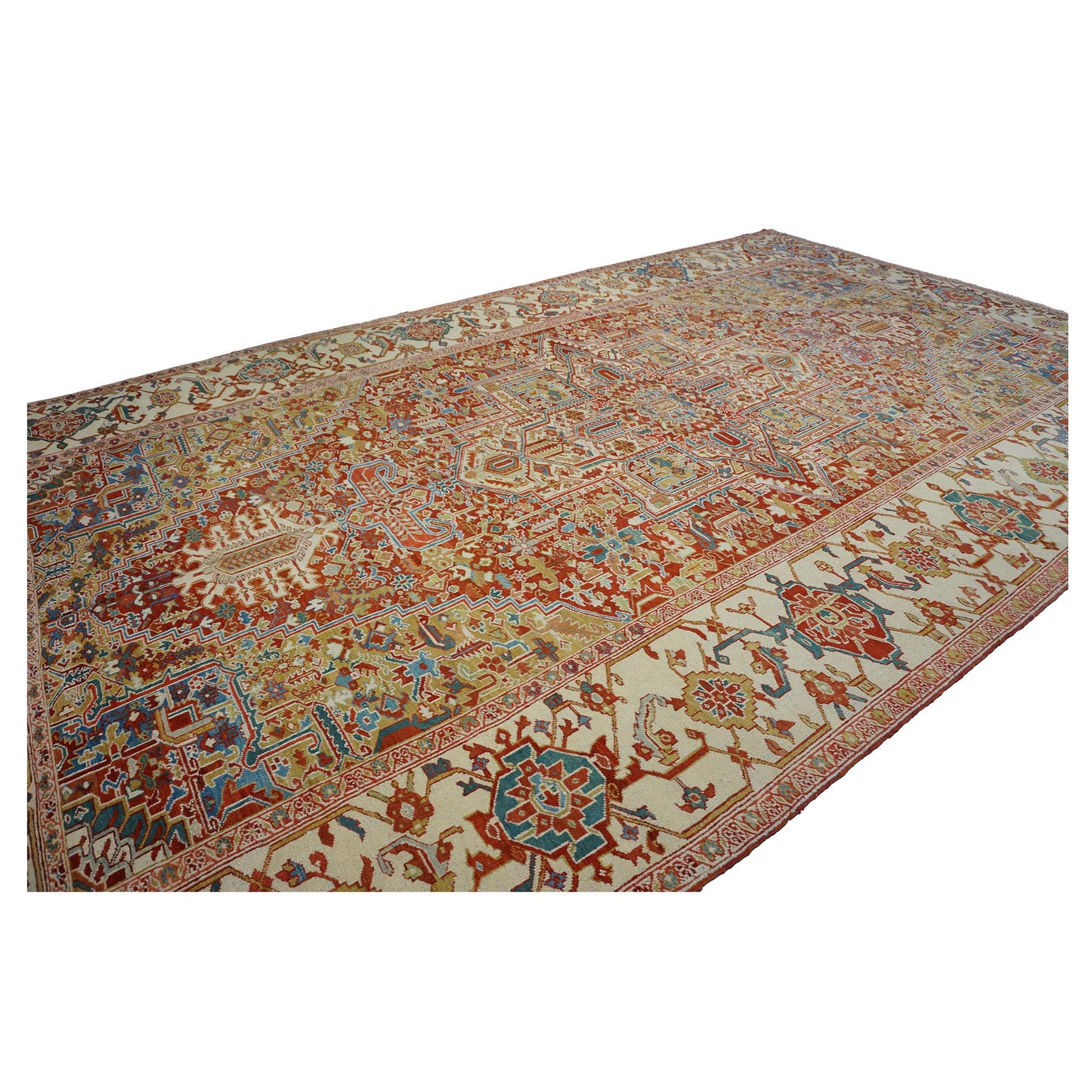 Antique Persian Heriz Wool 11X19 Red, Ivory & Blue Handmade Oversized Area Rug #1140939