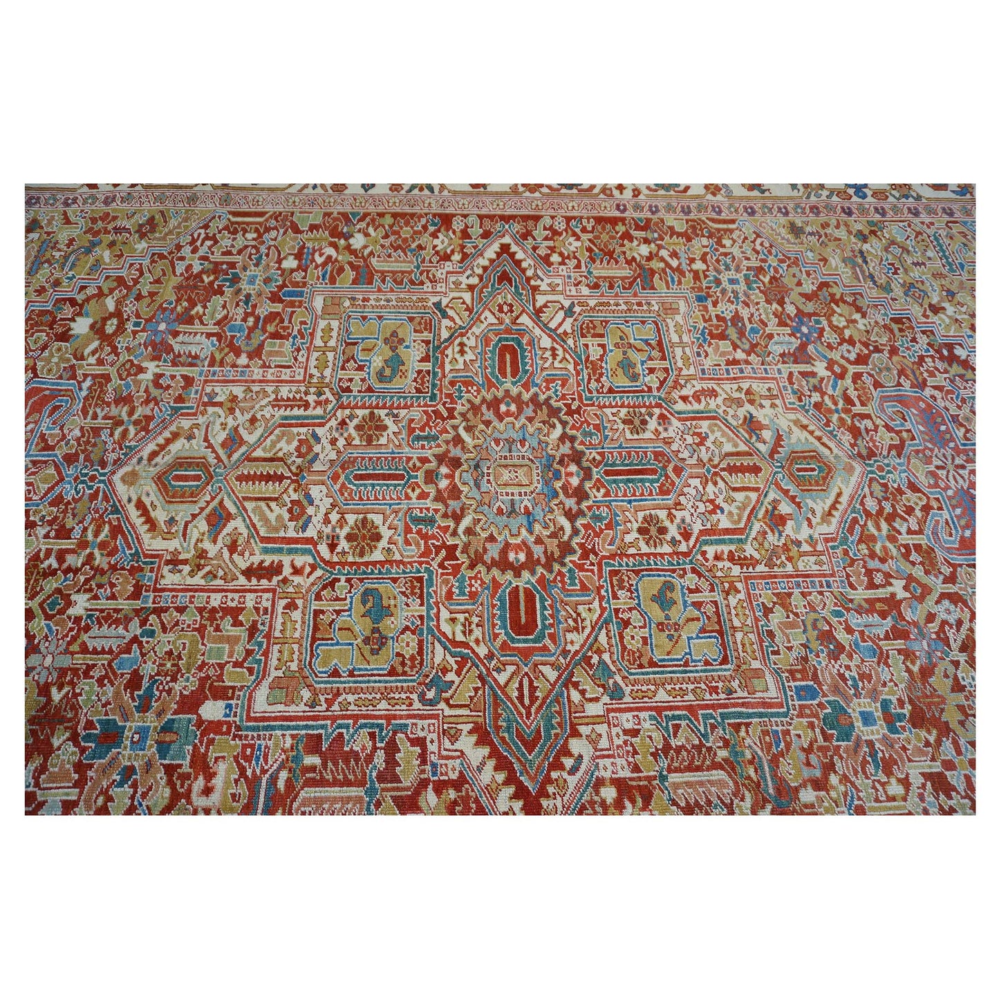Antique Persian Heriz Wool 11X19 Red, Ivory & Blue Handmade Oversized Area Rug #1140939