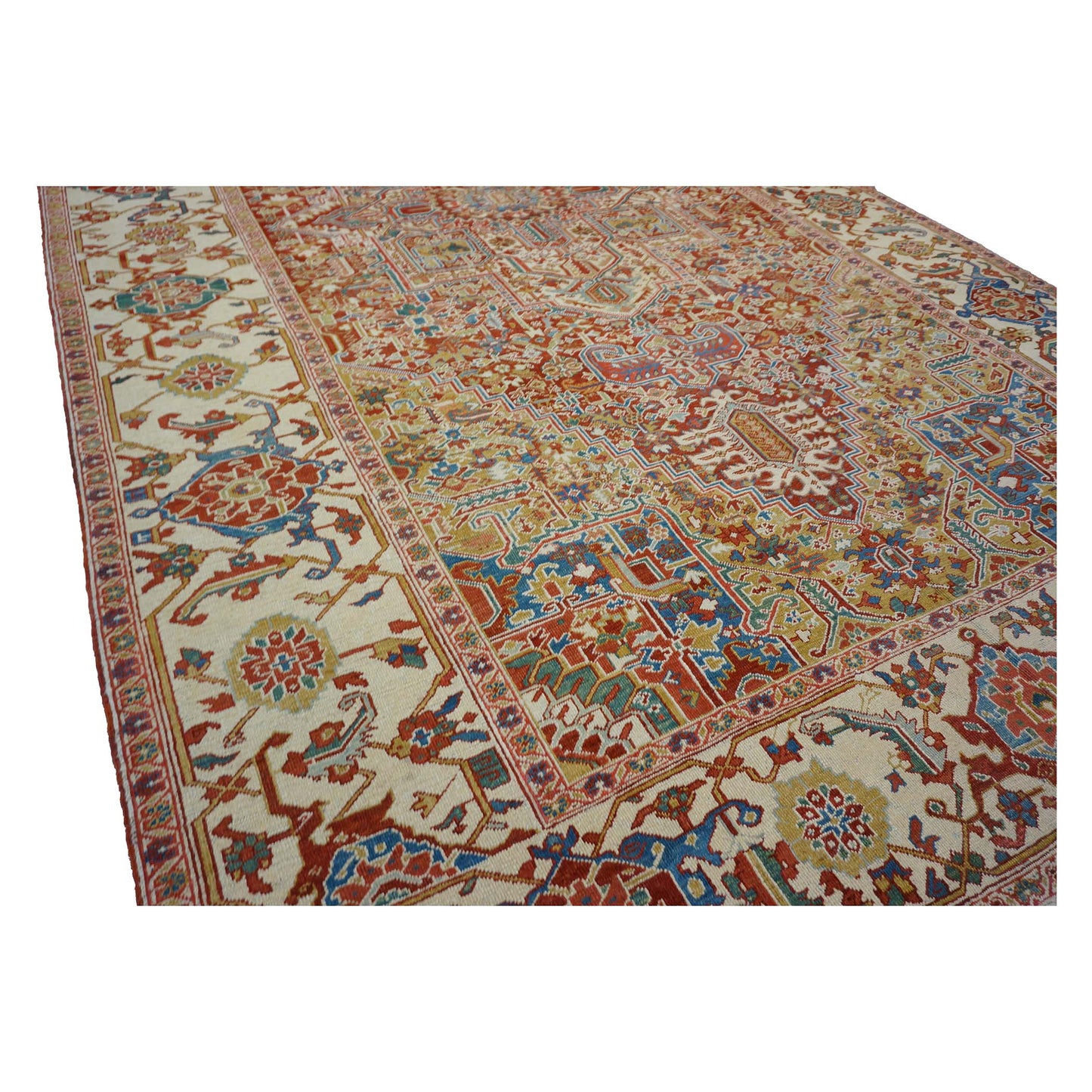 Antique Persian Heriz Wool 11X19 Red, Ivory & Blue Handmade Oversized Area Rug #1140939