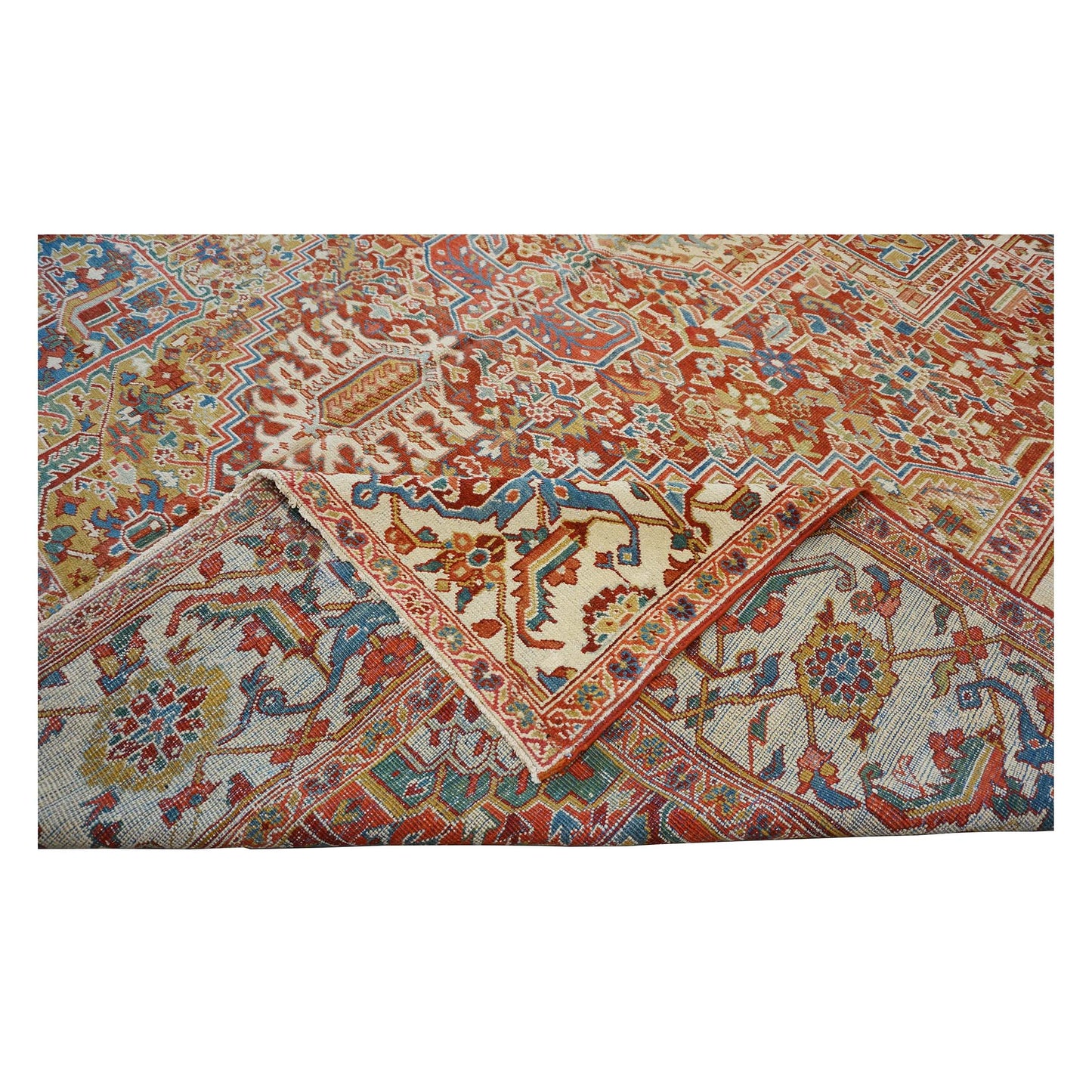 Antique Persian Heriz Wool 11X19 Red, Ivory & Blue Handmade Oversized Area Rug #1140939