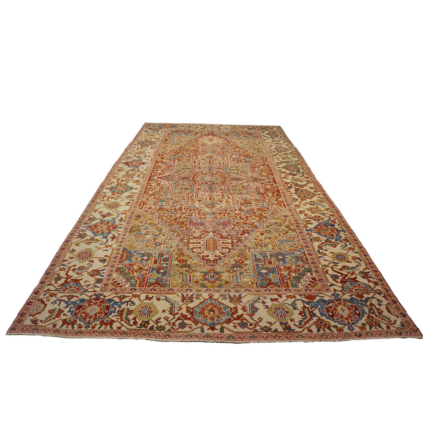 Antique Persian Heriz Wool 11X19 Red, Ivory & Blue Handmade Oversized Area Rug #1140939
