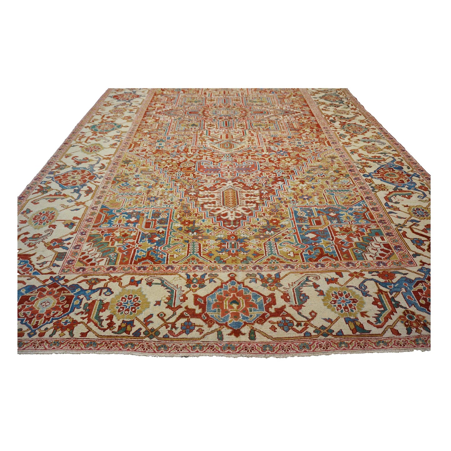 Antique Persian Heriz Wool 11X19 Red, Ivory & Blue Handmade Oversized Area Rug #1140939