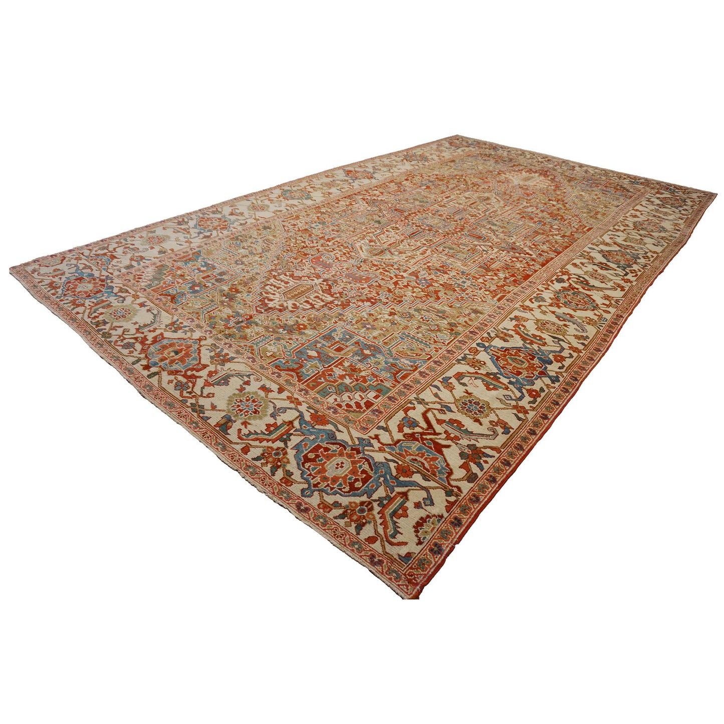 Antique Persian Heriz Wool 11X19 Red, Ivory & Blue Handmade Oversized Area Rug #1140939