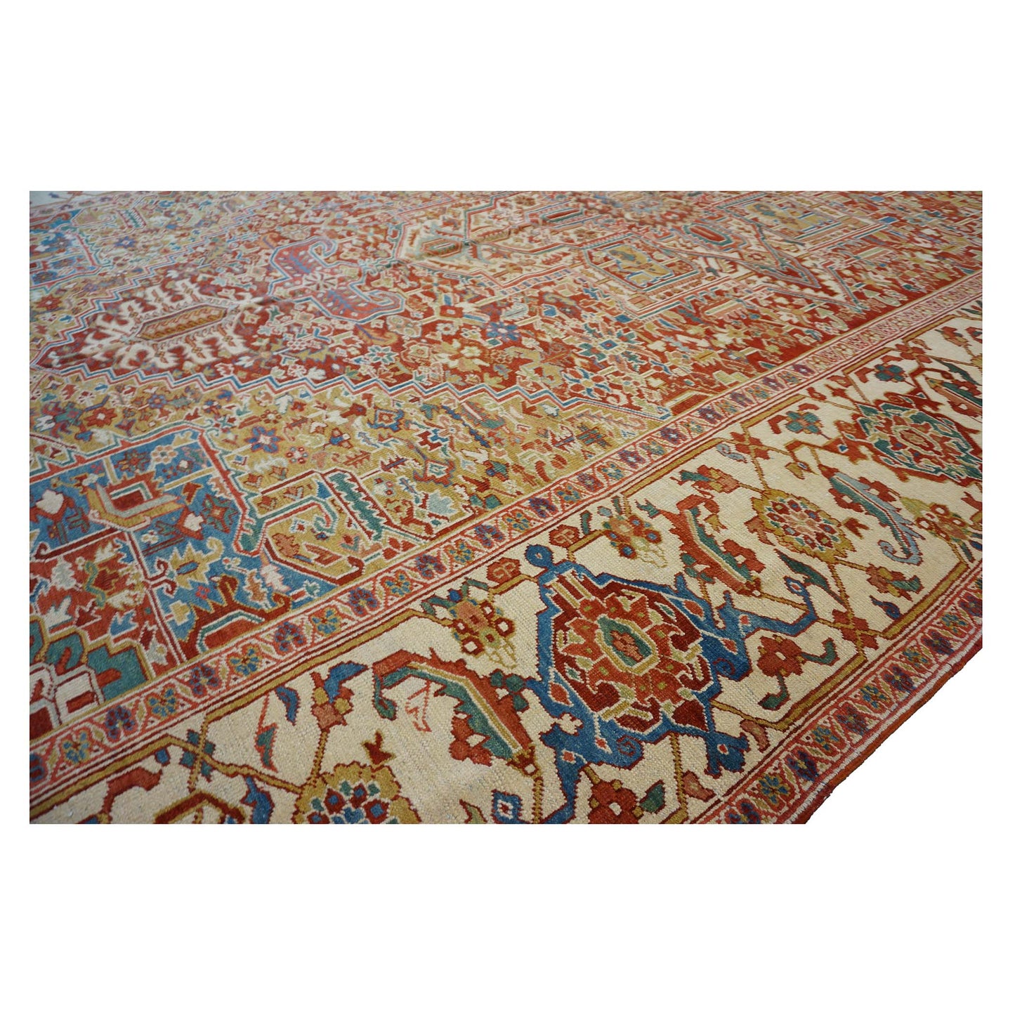Antique Persian Heriz Wool 11X19 Red, Ivory & Blue Handmade Oversized Area Rug #1140939