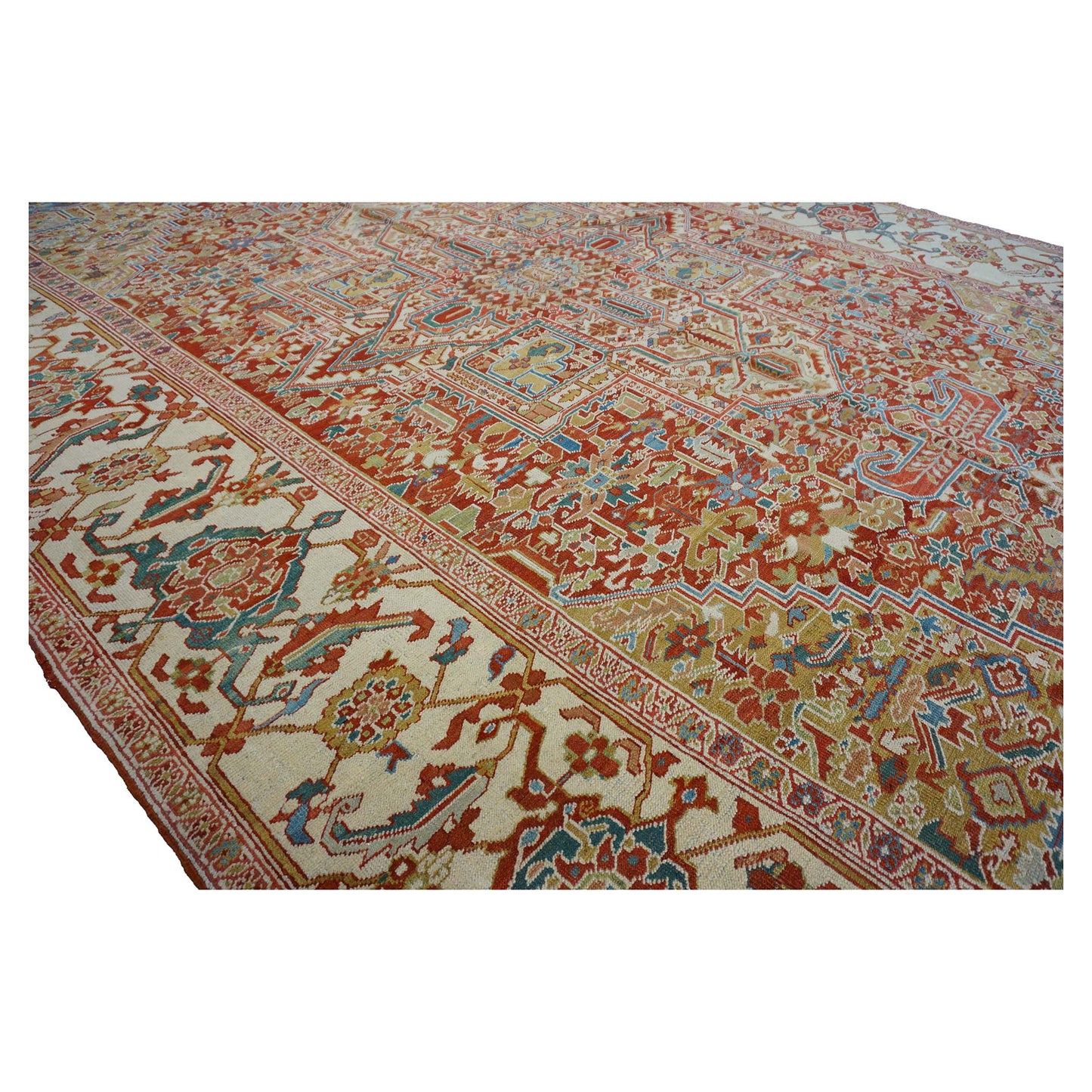 Antique Persian Heriz Wool 11X19 Red, Ivory & Blue Handmade Oversized Area Rug #1140939