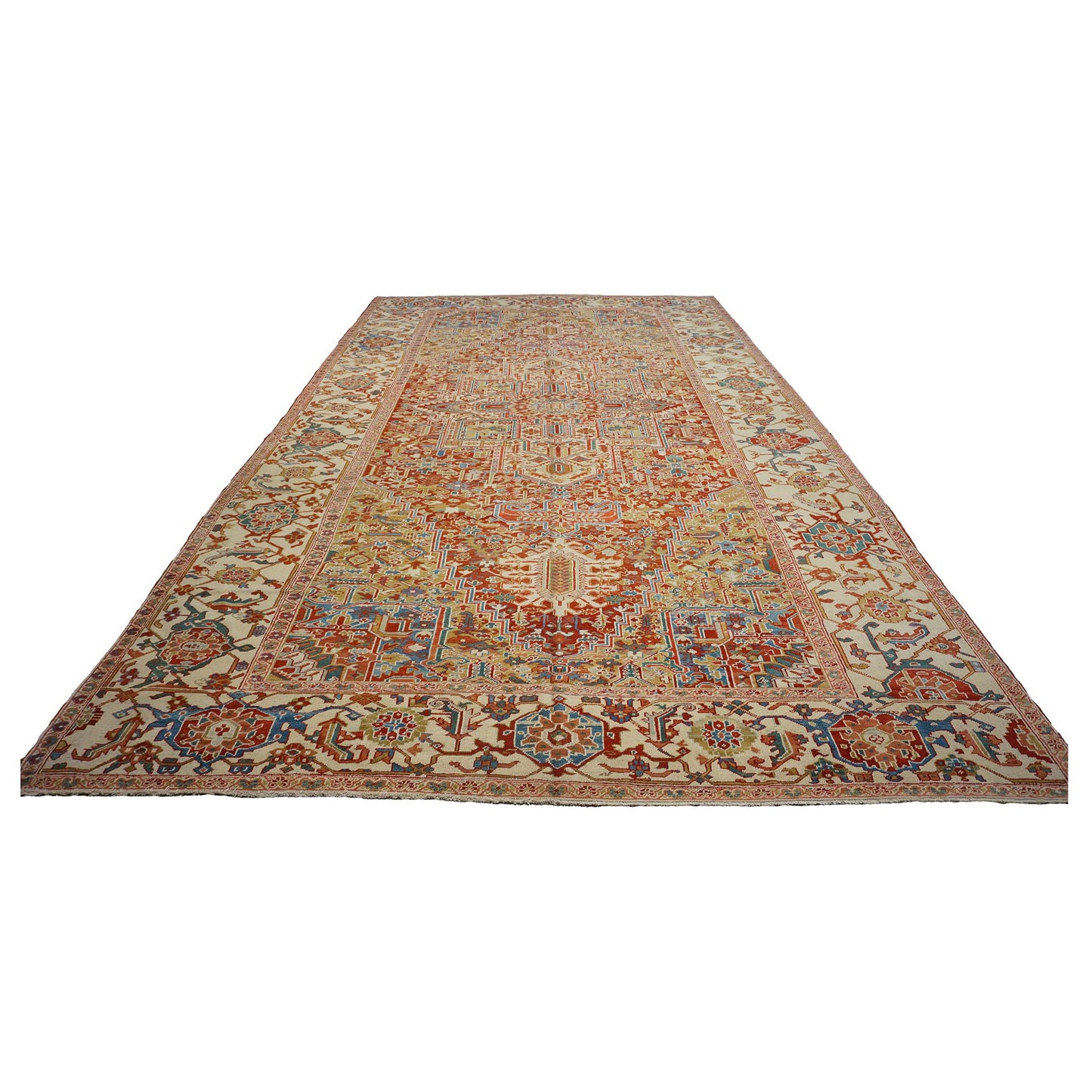 Antique Persian Heriz Wool 11X19 Red, Ivory & Blue Handmade Oversized Area Rug #1140939