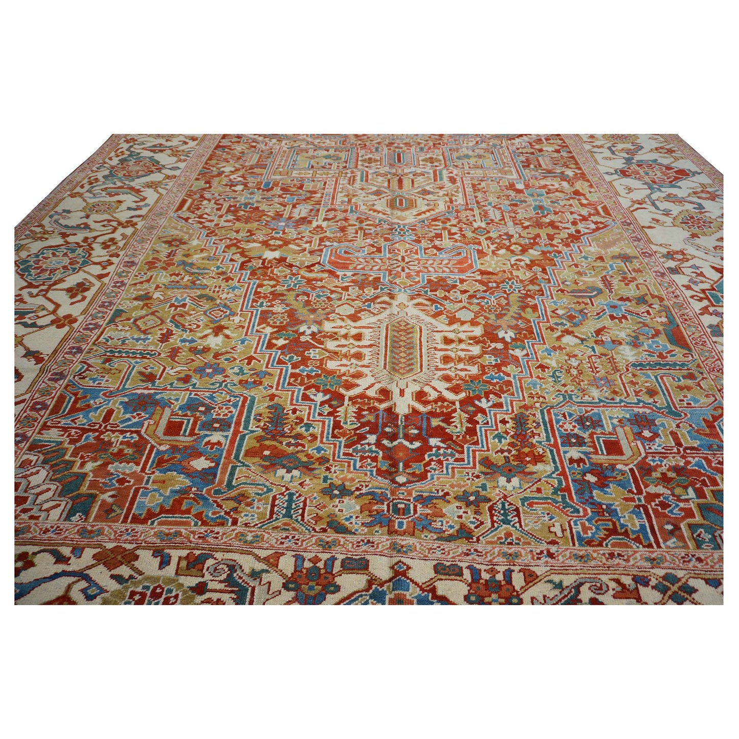 Antique Persian Heriz Wool 11X19 Red, Ivory & Blue Handmade Oversized Area Rug #1140939