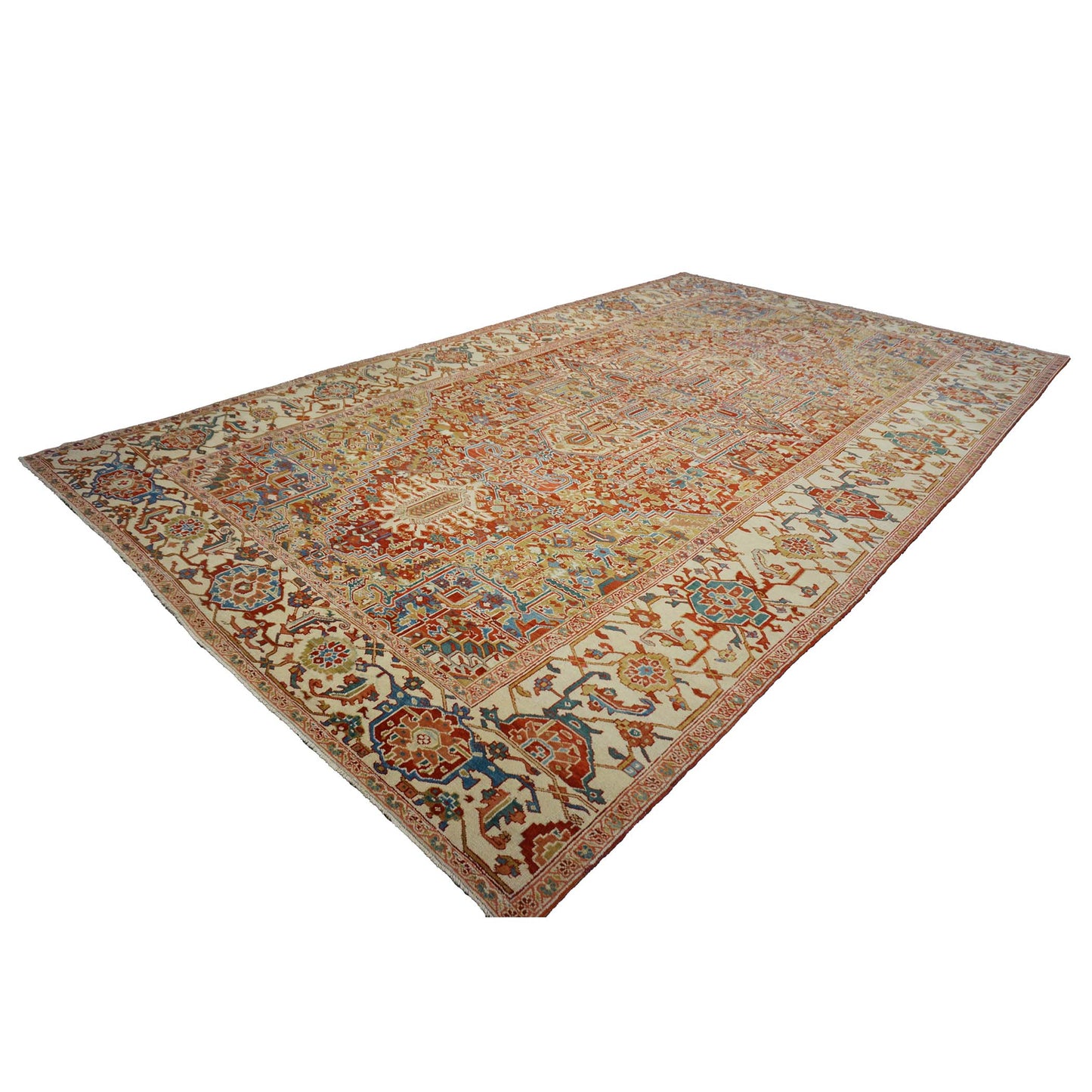 Antique Persian Heriz Wool 11X19 Red, Ivory & Blue Handmade Oversized Area Rug #1140939