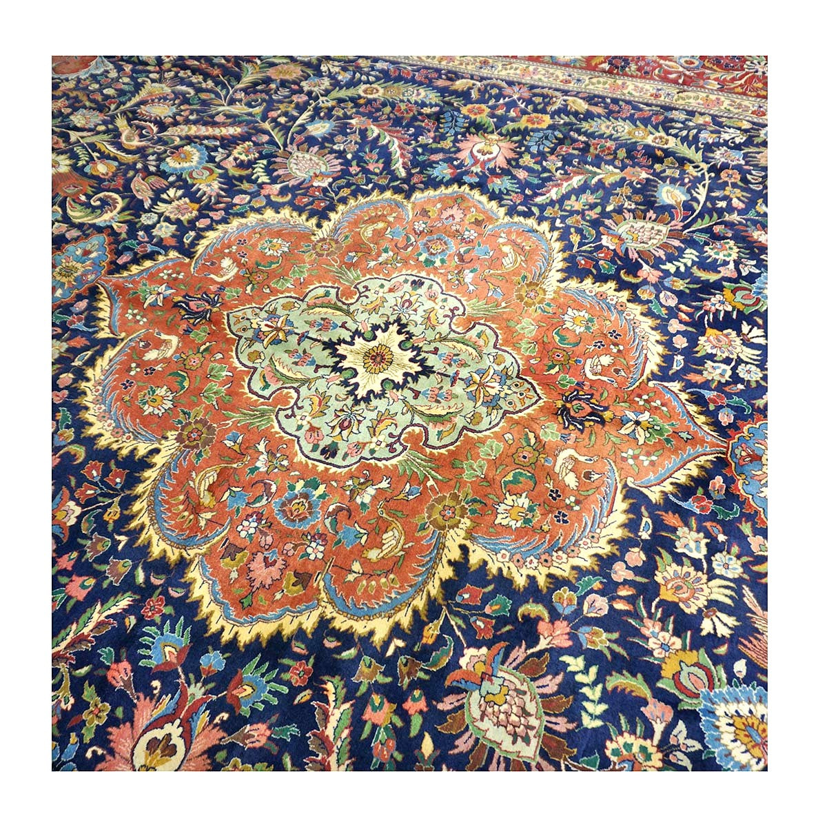 Antique Persian Tabriz Pahlavi Wool 12x19 Navy, Tan & Red Handmade Area Rug #1140951