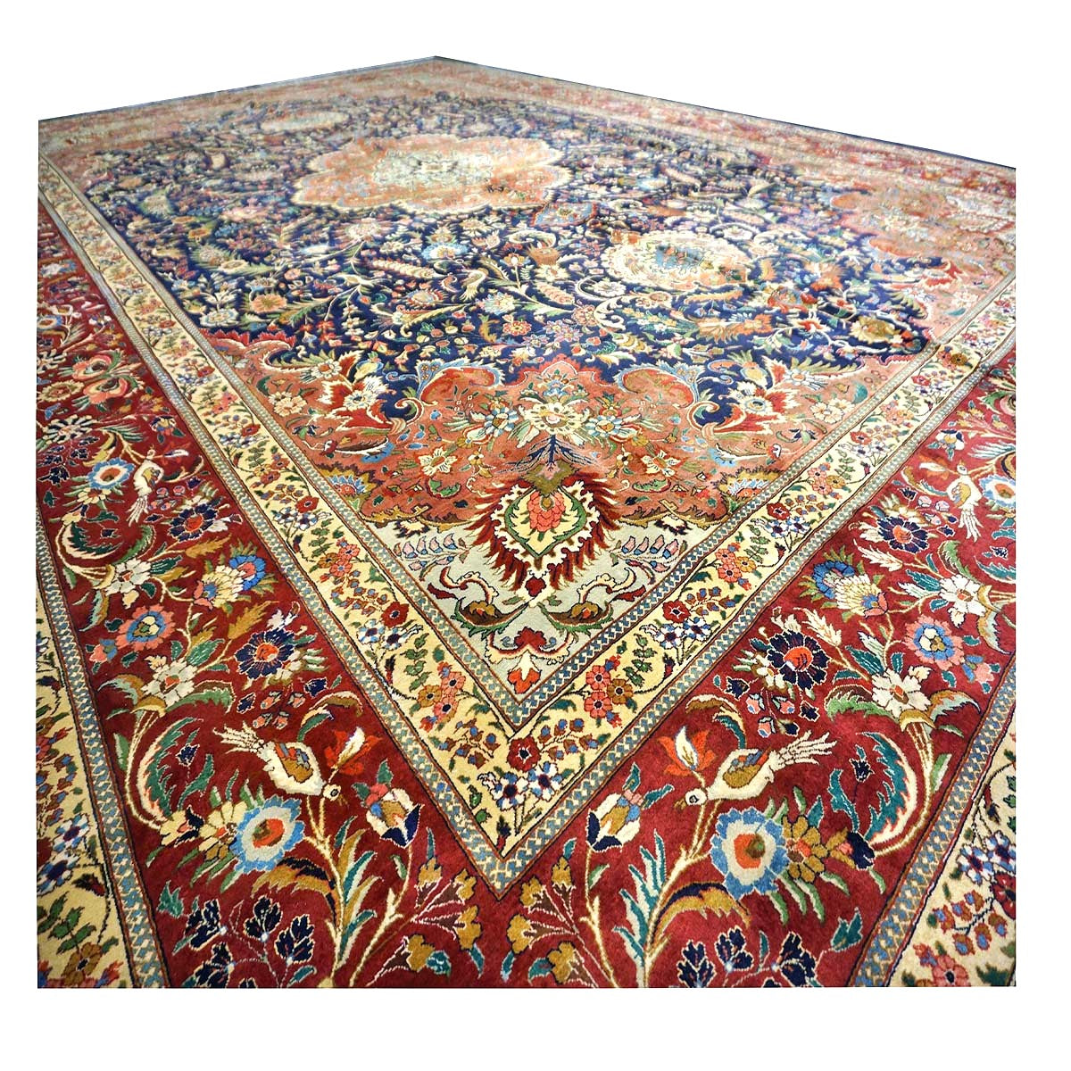 Antique Persian Tabriz Pahlavi Wool 12x19 Navy, Tan & Red Handmade Area Rug #1140951