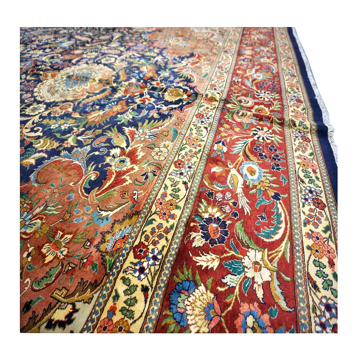 Antique Persian Tabriz Pahlavi Wool 12x19 Navy, Tan & Red Handmade Area Rug #1140951