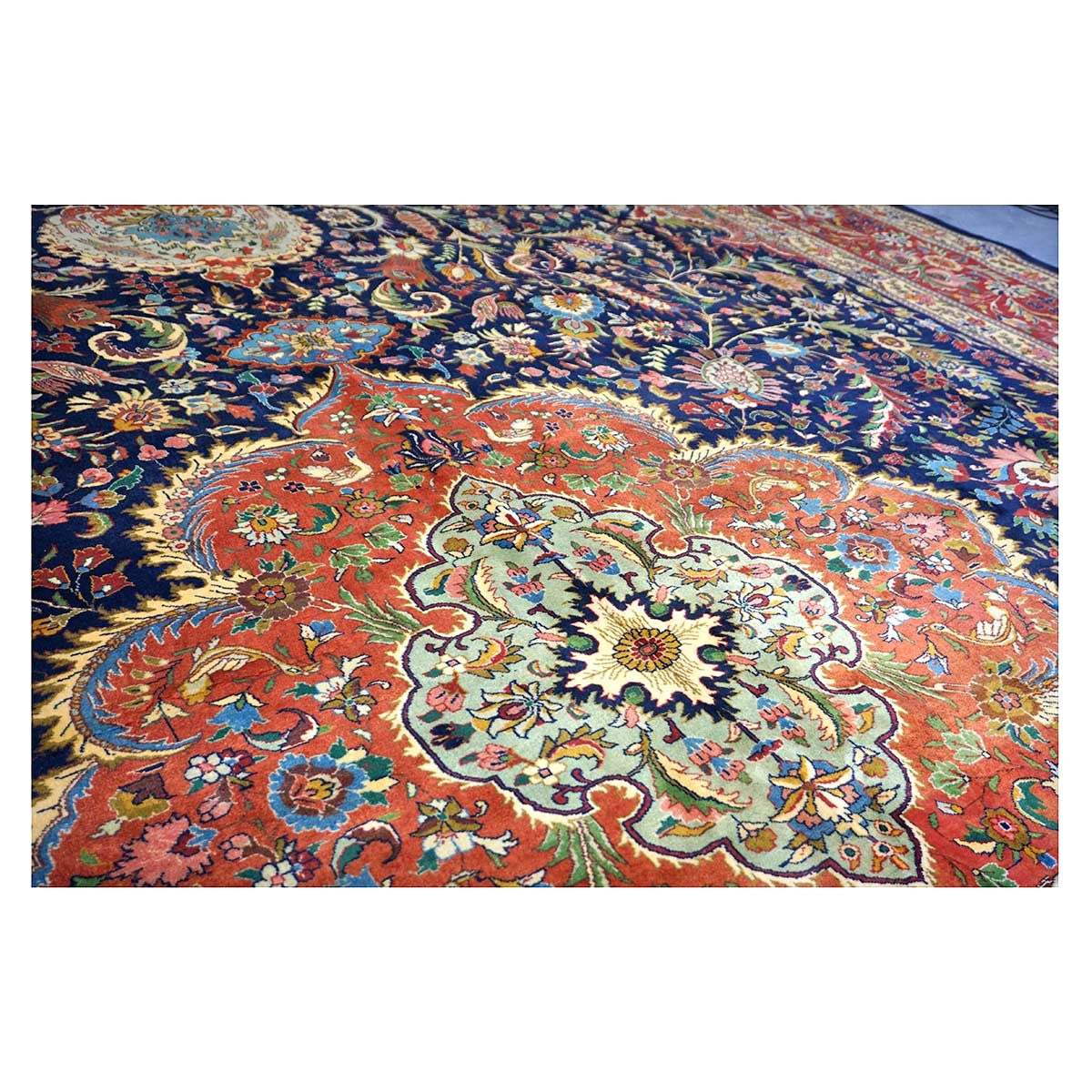 Antique Persian Tabriz Pahlavi Wool 12x19 Navy, Tan & Red Handmade Area Rug #1140951
