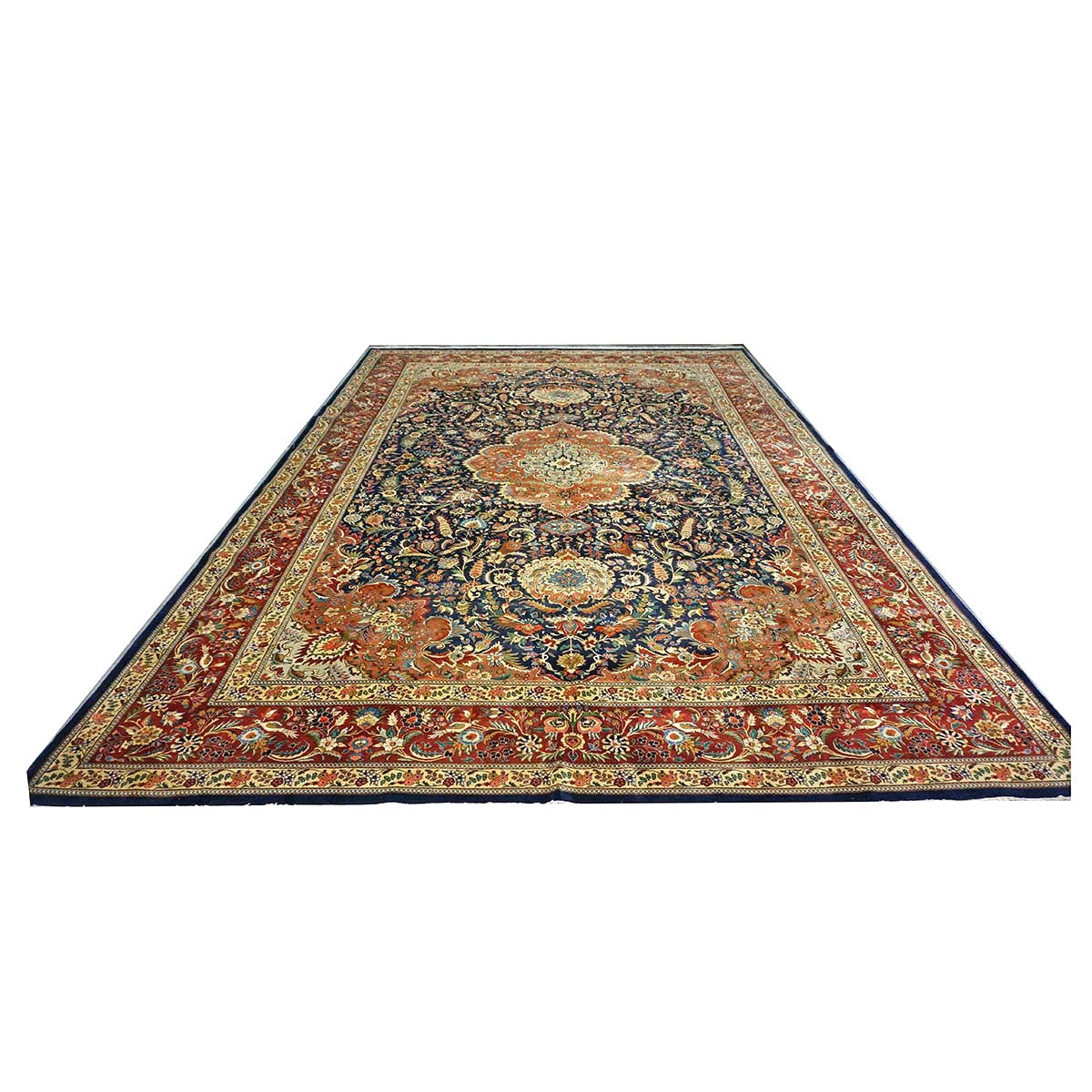 Antique Persian Tabriz Pahlavi Wool 12x19 Navy, Tan & Red Handmade Area Rug #1140951