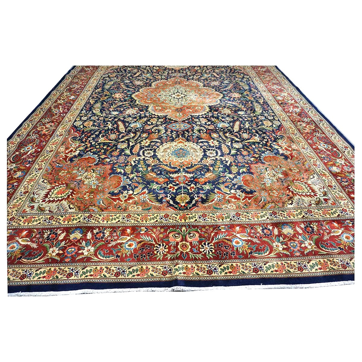 Antique Persian Tabriz Pahlavi Wool 12x19 Navy, Tan & Red Handmade Area Rug #1140951