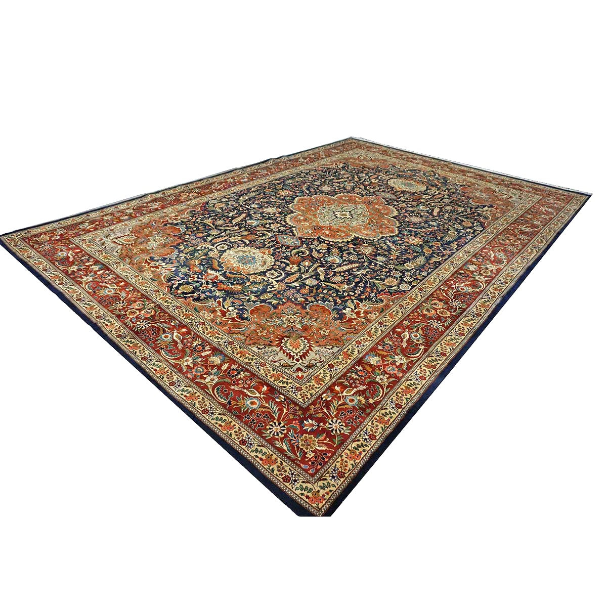 Antique Persian Tabriz Pahlavi Wool 12x19 Navy, Tan & Red Handmade Area Rug #1140951