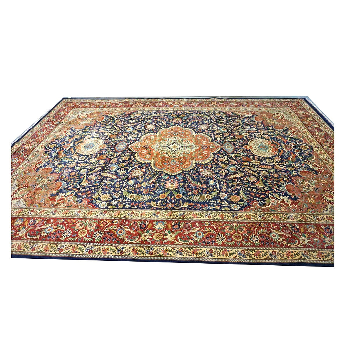 Antique Persian Tabriz Pahlavi Wool 12x19 Navy, Tan & Red Handmade Area Rug #1140951