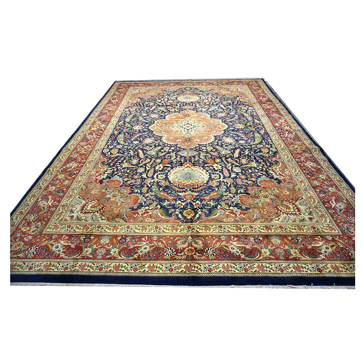 Antique Persian Tabriz Pahlavi Wool 12x19 Navy, Tan & Red Handmade Area Rug #1140951