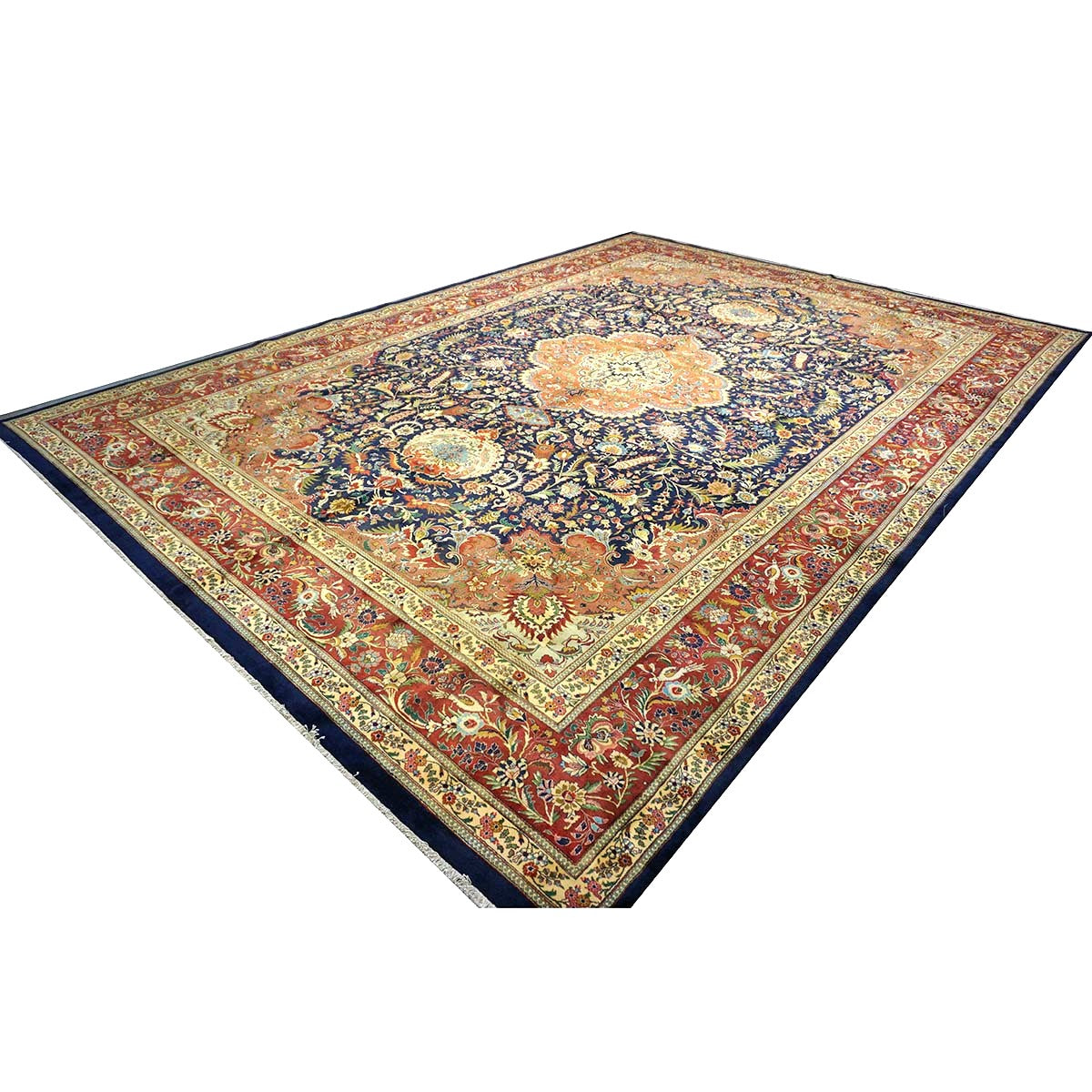 Antique Persian Tabriz Pahlavi Wool 12x19 Navy, Tan & Red Handmade Area Rug #1140951