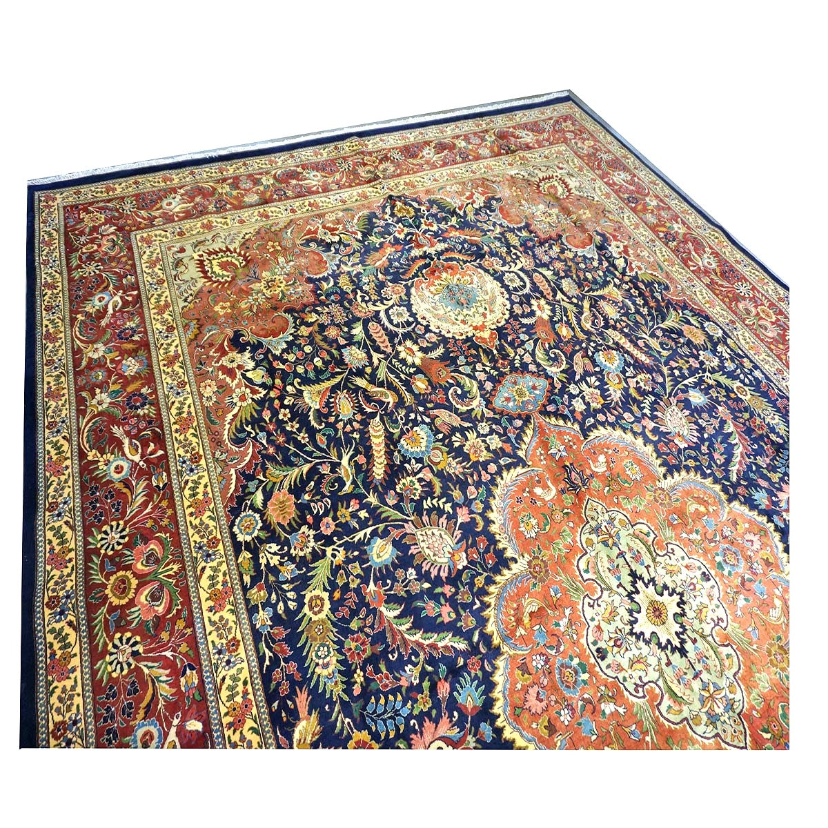 Antique Persian Tabriz Pahlavi Wool 12x19 Navy, Tan & Red Handmade Area Rug #1140951