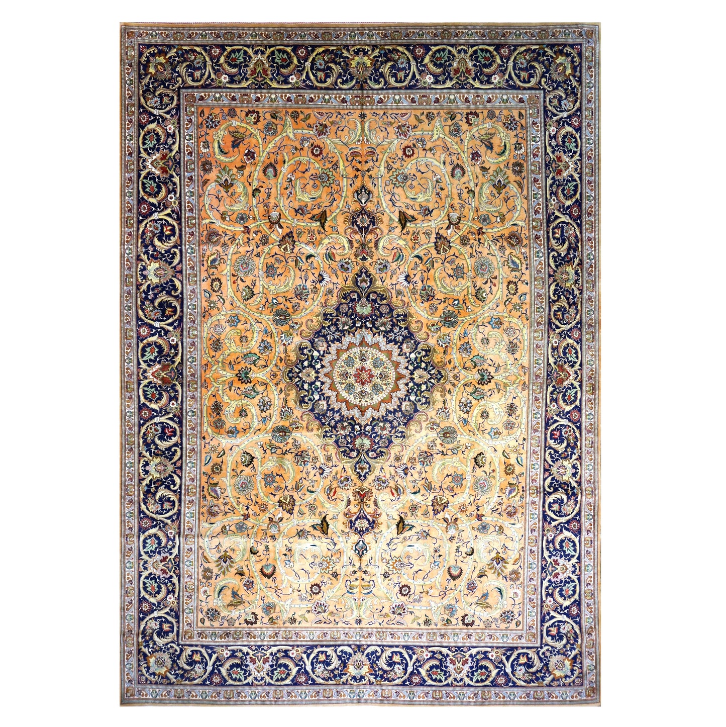Antique Persian Tabriz Wool 12x16 Peach, Blue & Ivory Handmade Area Rug #1140956