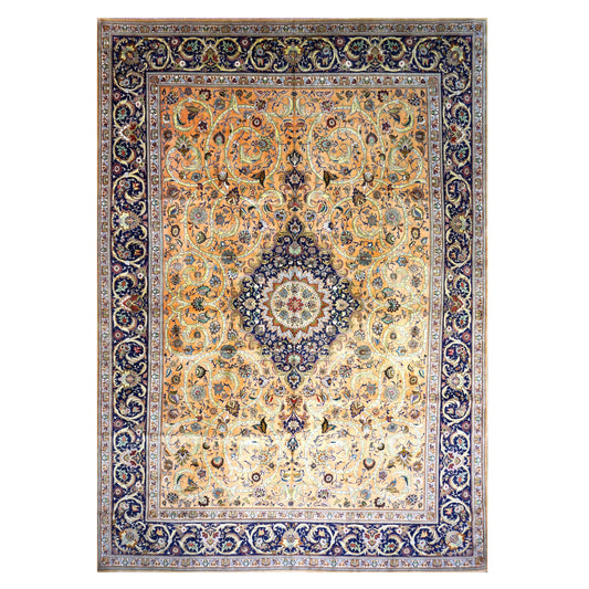 Antique Persian Tabriz Wool 12x16 Peach, Blue & Ivory Handmade Area Rug #1140956