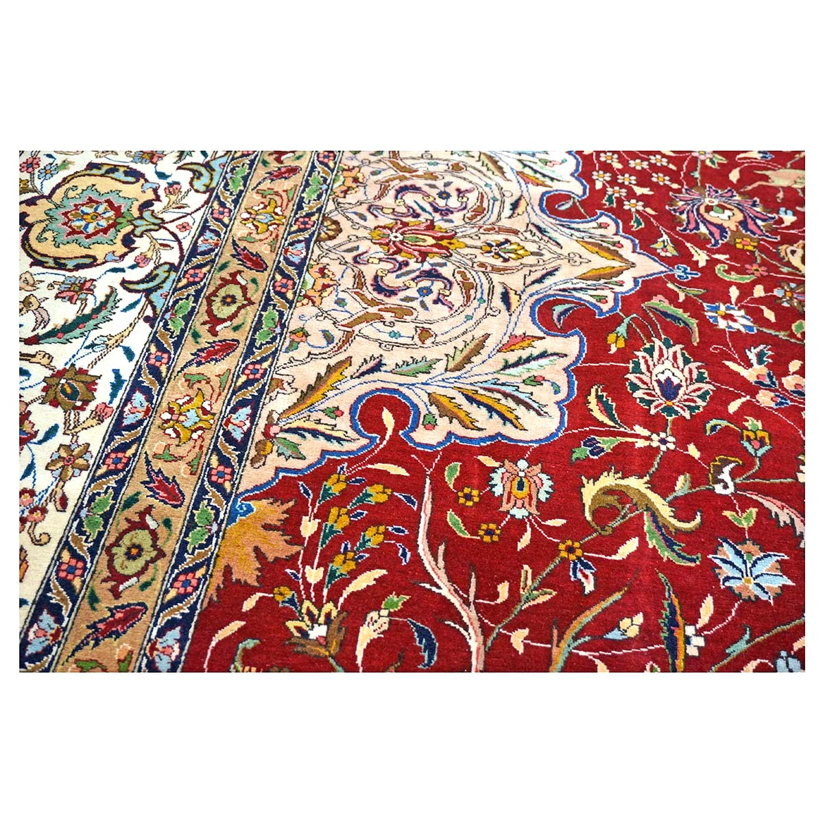 Antique Persian Tabriz Wool 12x19 Red, Ivory, Tan, Navy & Green Handmade Oversized Area Rug #1140958