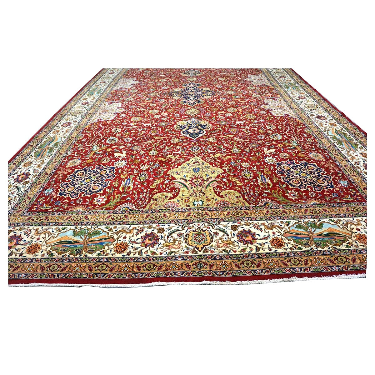 Antique Persian Tabriz Wool 12x19 Red, Ivory, Tan, Navy & Green Handmade Oversized Area Rug #1140958