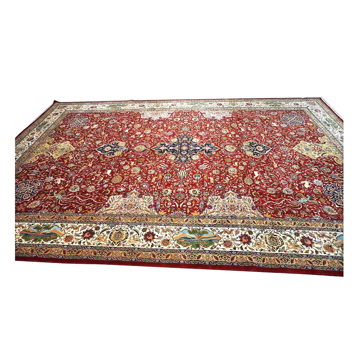 Antique Persian Tabriz Wool 12x19 Red, Ivory, Tan, Navy & Green Handmade Oversized Area Rug #1140958