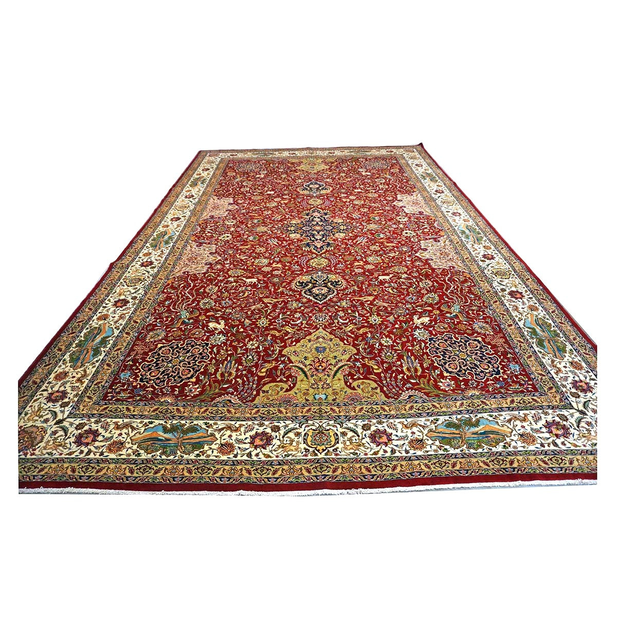 Antique Persian Tabriz Wool 12x19 Red, Ivory, Tan, Navy & Green Handmade Oversized Area Rug #1140958