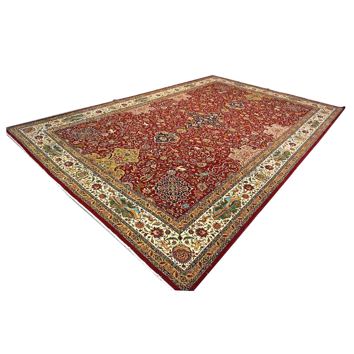 Antique Persian Tabriz Wool 12x19 Red, Ivory, Tan, Navy & Green Handmade Oversized Area Rug #1140958
