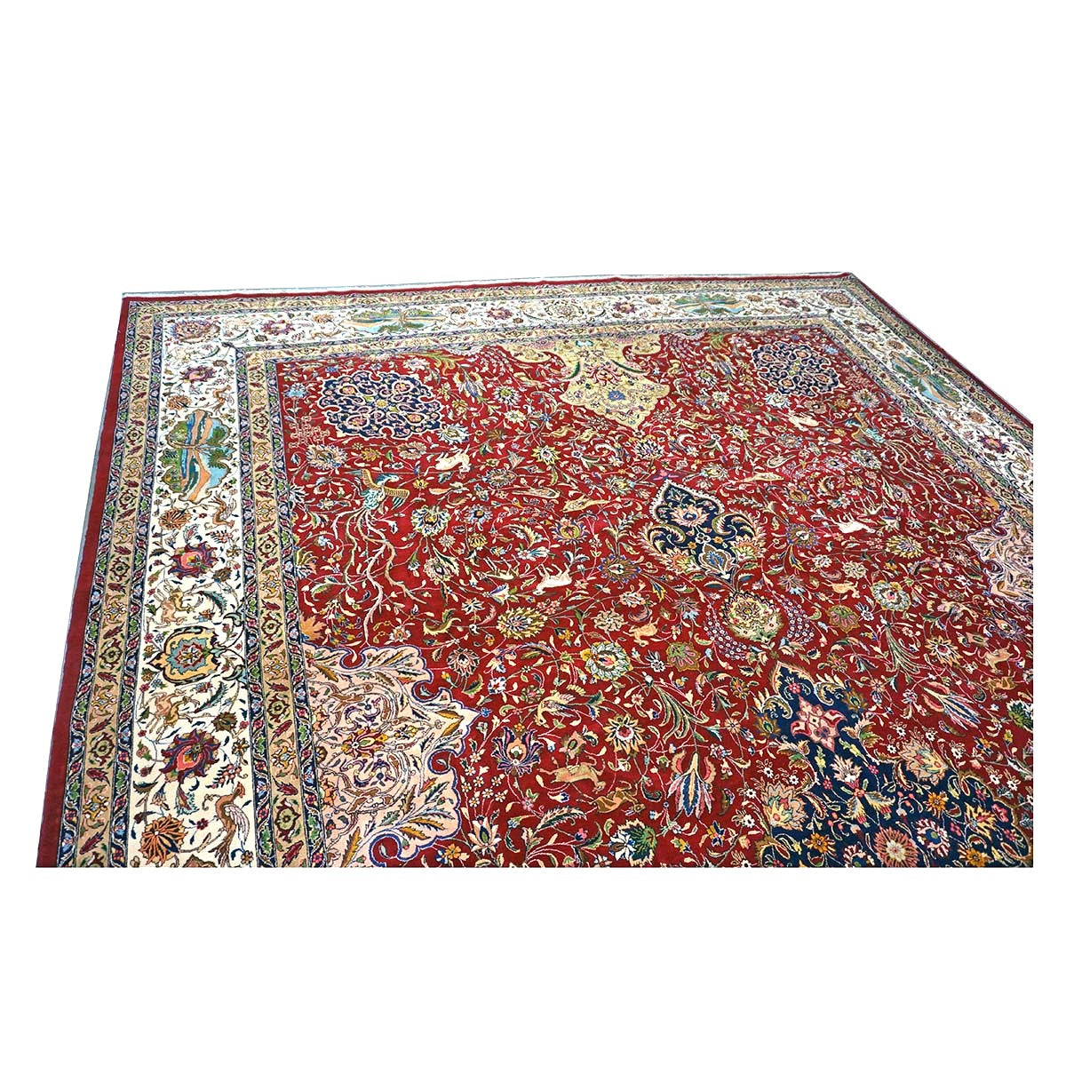 Antique Persian Tabriz Wool 12x19 Red, Ivory, Tan, Navy & Green Handmade Oversized Area Rug #1140958