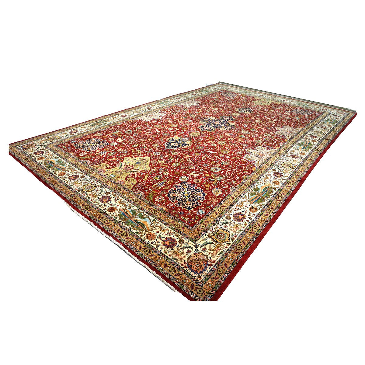 Antique Persian Tabriz Wool 12x19 Red, Ivory, Tan, Navy & Green Handmade Oversized Area Rug #1140958