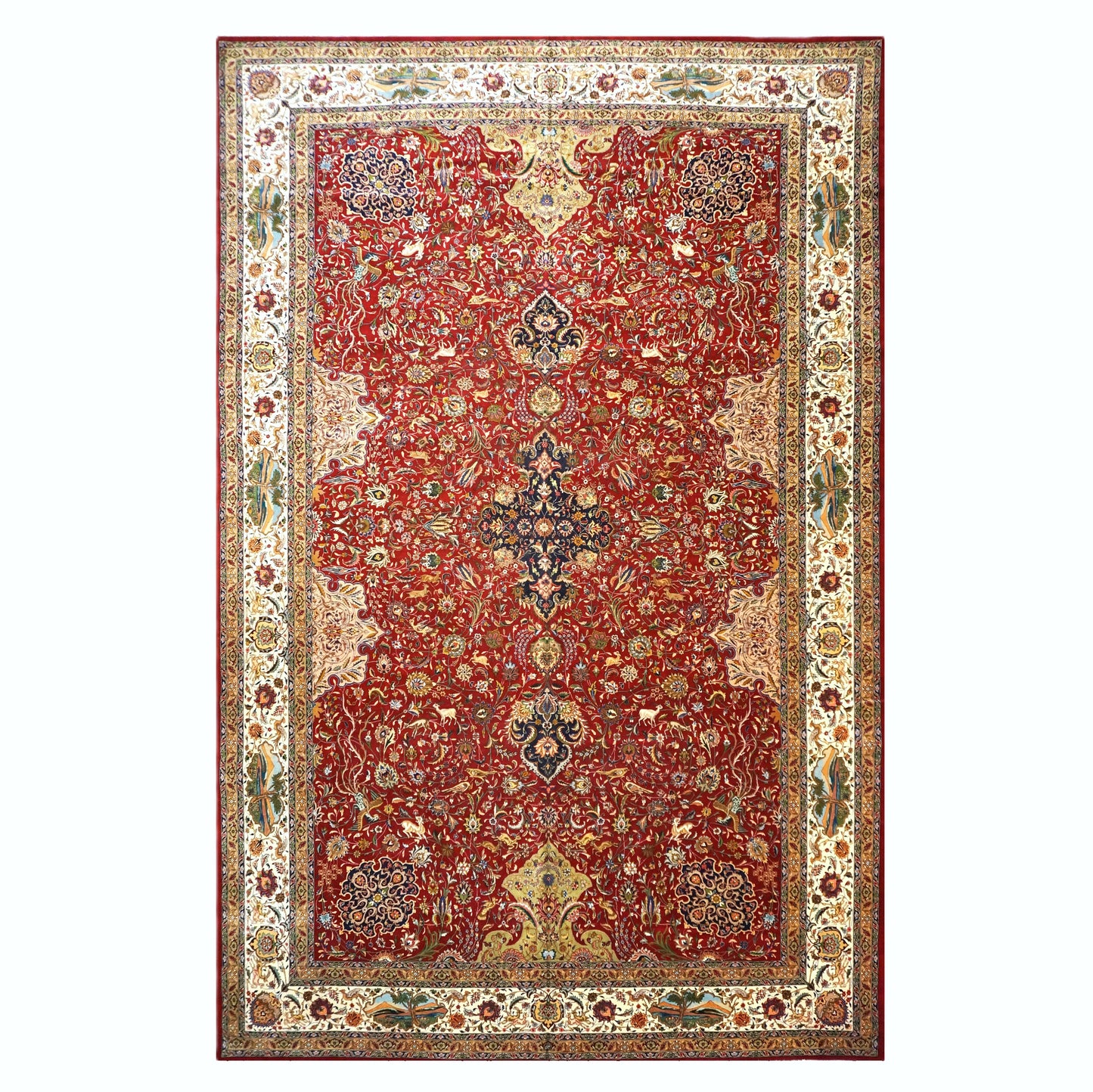 Antique Persian Tabriz Wool 12x19 Red, Ivory, Tan, Navy & Green Handmade Oversized Area Rug #1140958