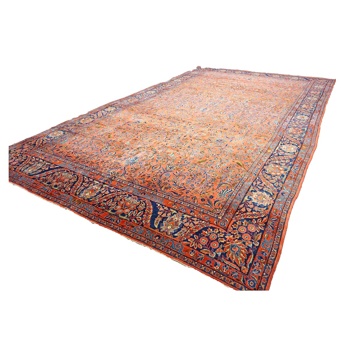 Antique Persian Manchester Kashan Wool 10X17 Salmon, Rust & Navy Handmade Area Rug #1141003