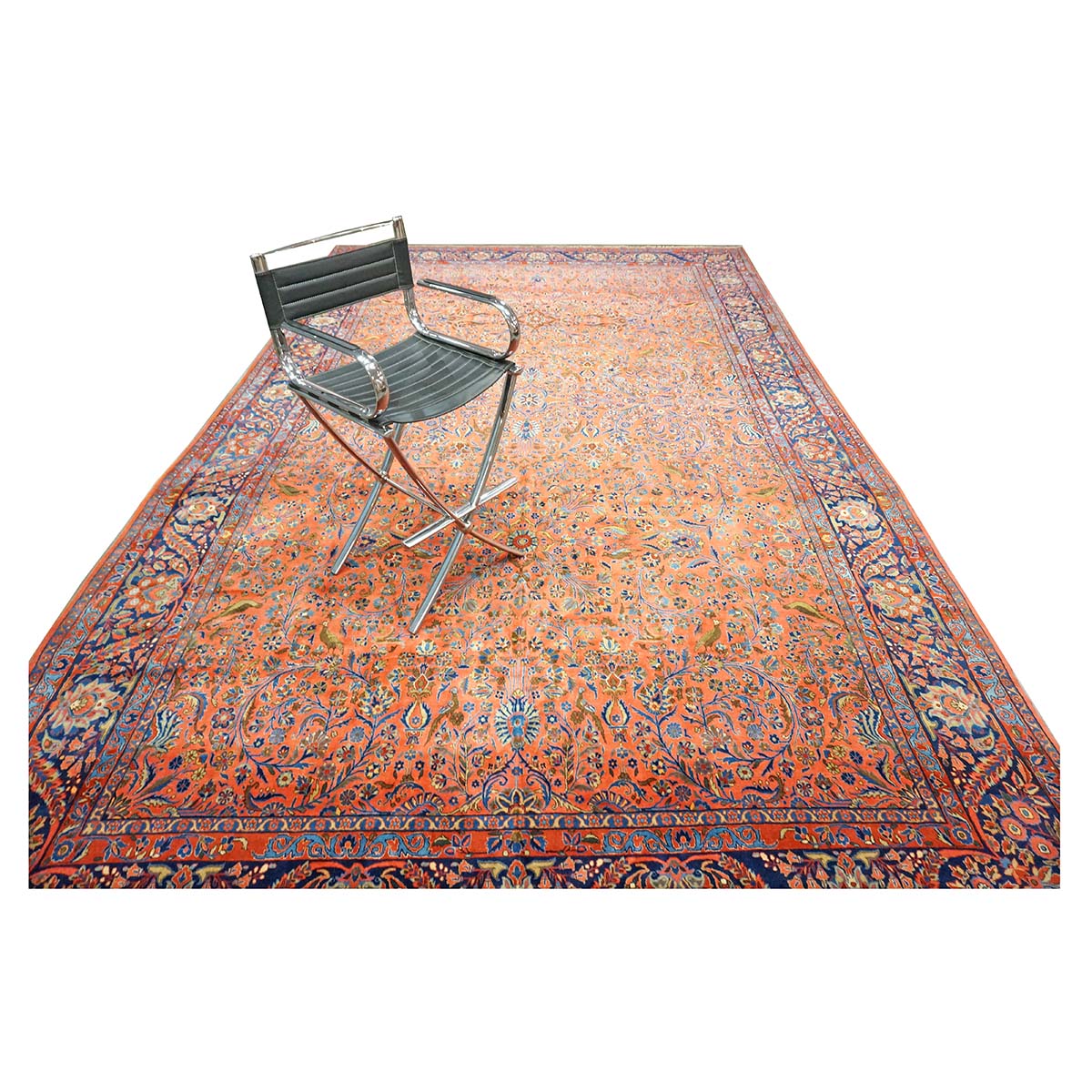 Antique Persian Manchester Kashan Wool 10X17 Salmon, Rust & Navy Handmade Area Rug #1141003