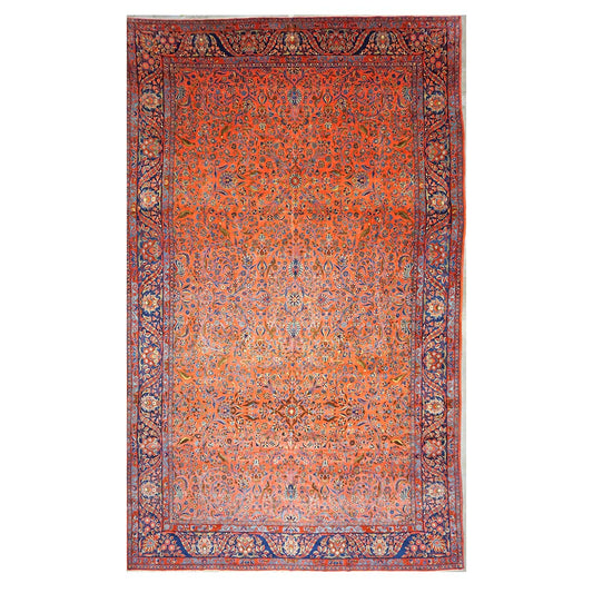 Antique Persian Manchester Kashan Wool 10X17 Salmon, Rust & Navy Handmade Area Rug #1141003