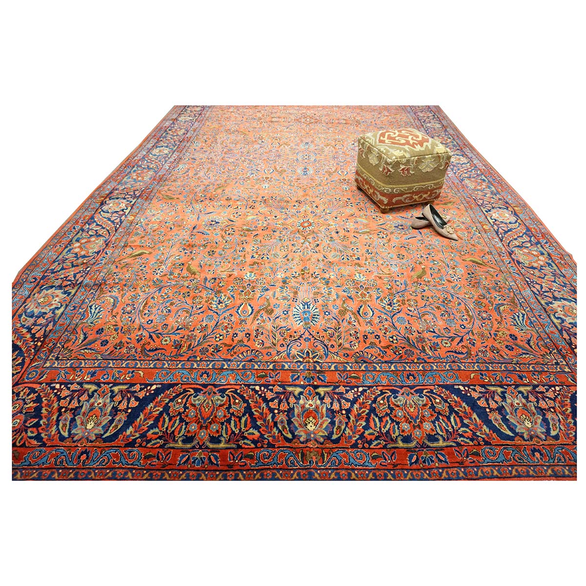 Antique Persian Manchester Kashan Wool 10X17 Salmon, Rust & Navy Handmade Area Rug #1141003