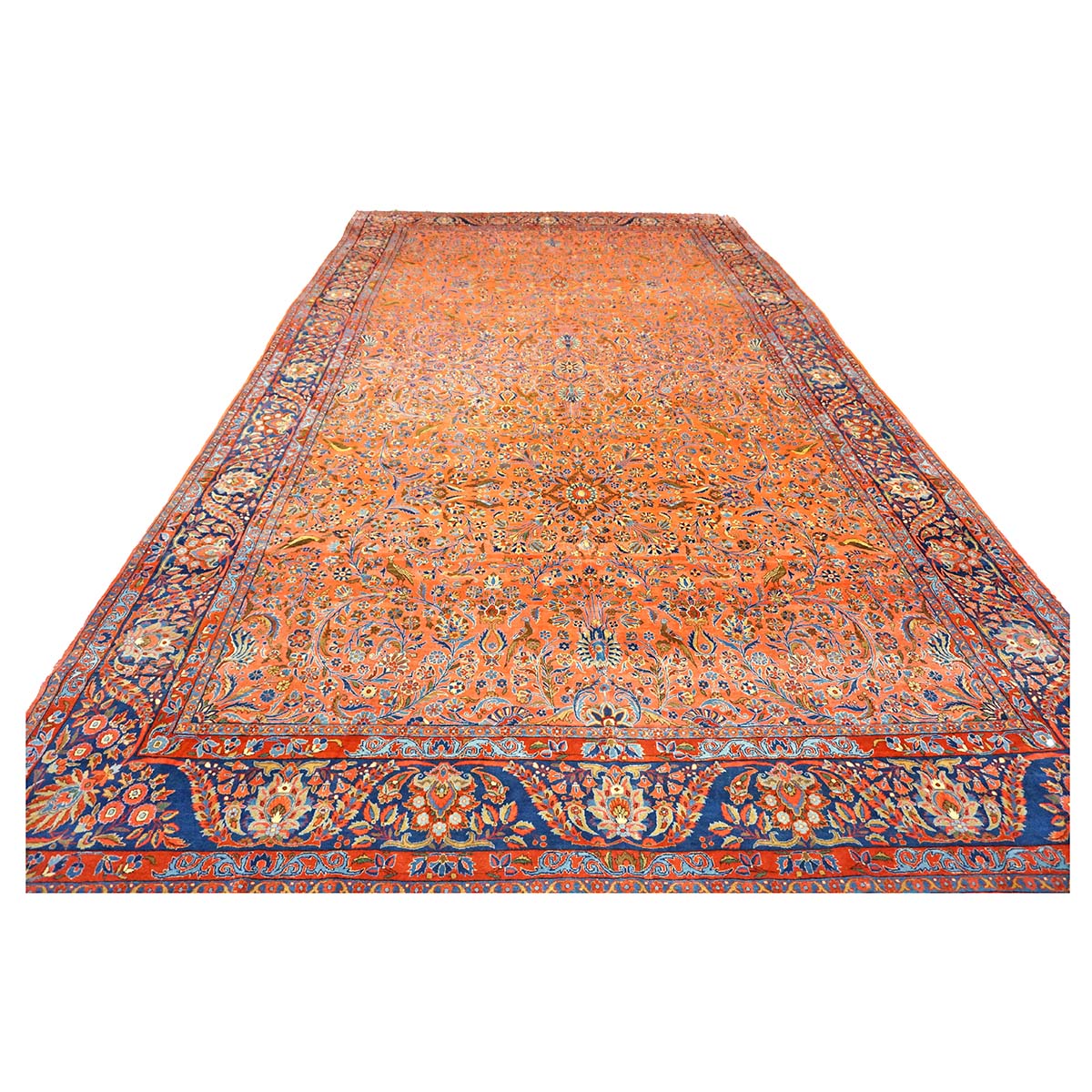 Antique Persian Manchester Kashan Wool 10X17 Salmon, Rust & Navy Handmade Area Rug #1141003