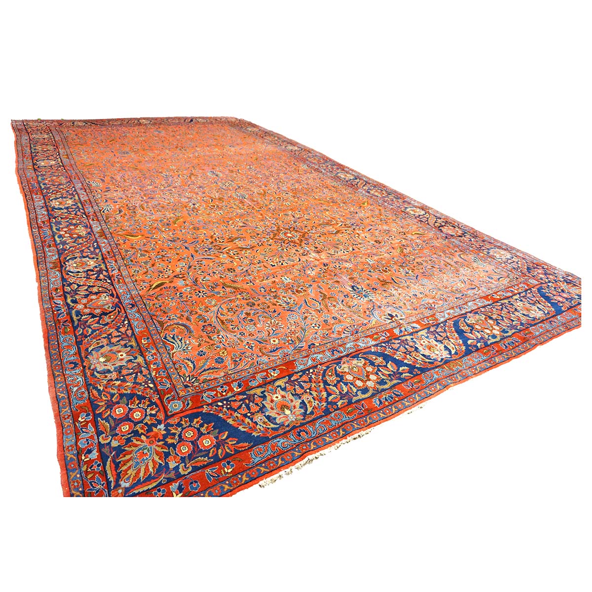 Antique Persian Manchester Kashan Wool 10X17 Salmon, Rust & Navy Handmade Area Rug #1141003