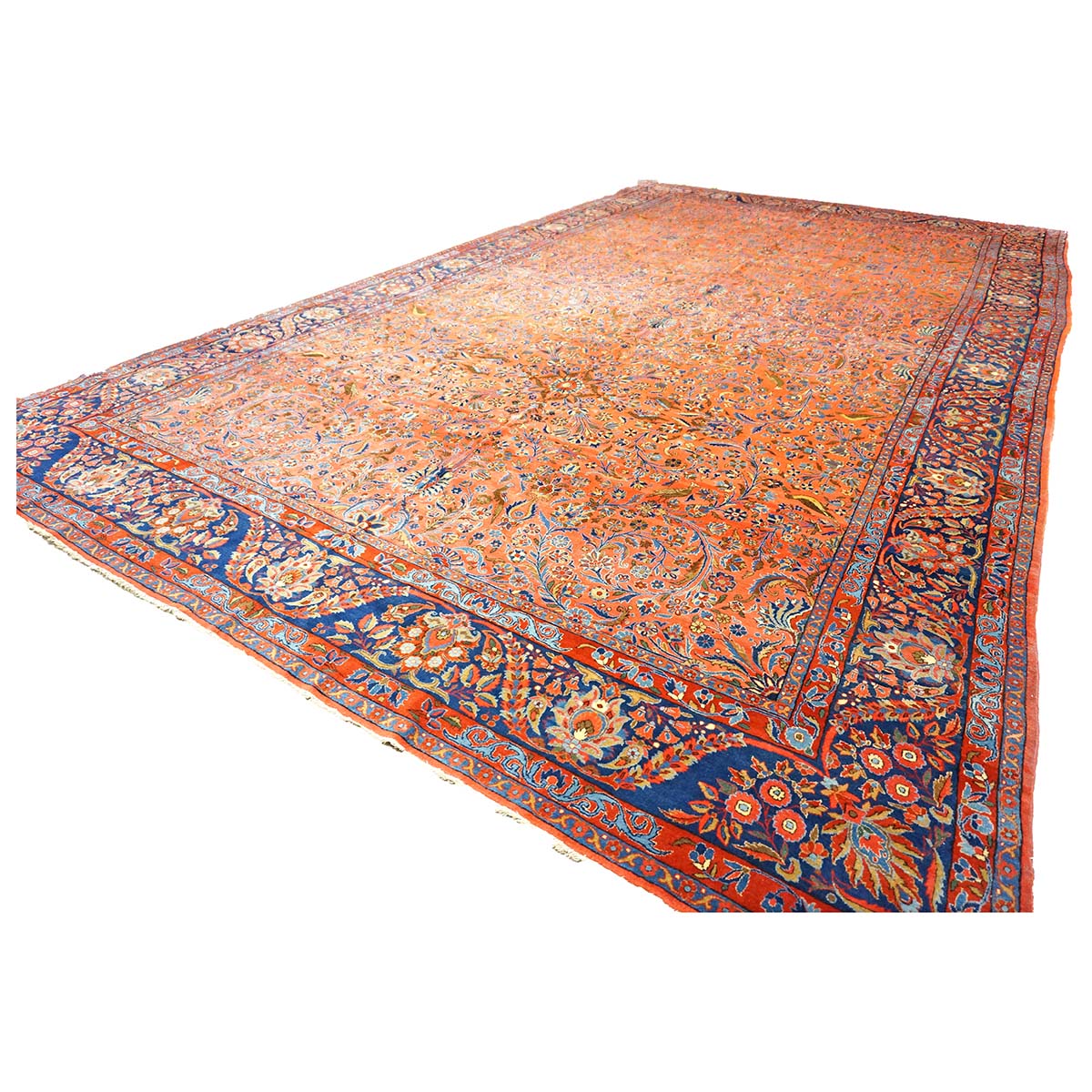 Antique Persian Manchester Kashan Wool 10X17 Salmon, Rust & Navy Handmade Area Rug #1141003