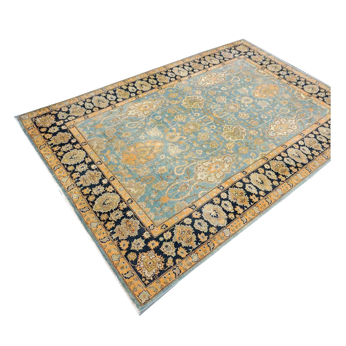 Persian Isfahan Safavid Wool 6x9 Teal, Ivory & Black Handmade Area Rug #1141153