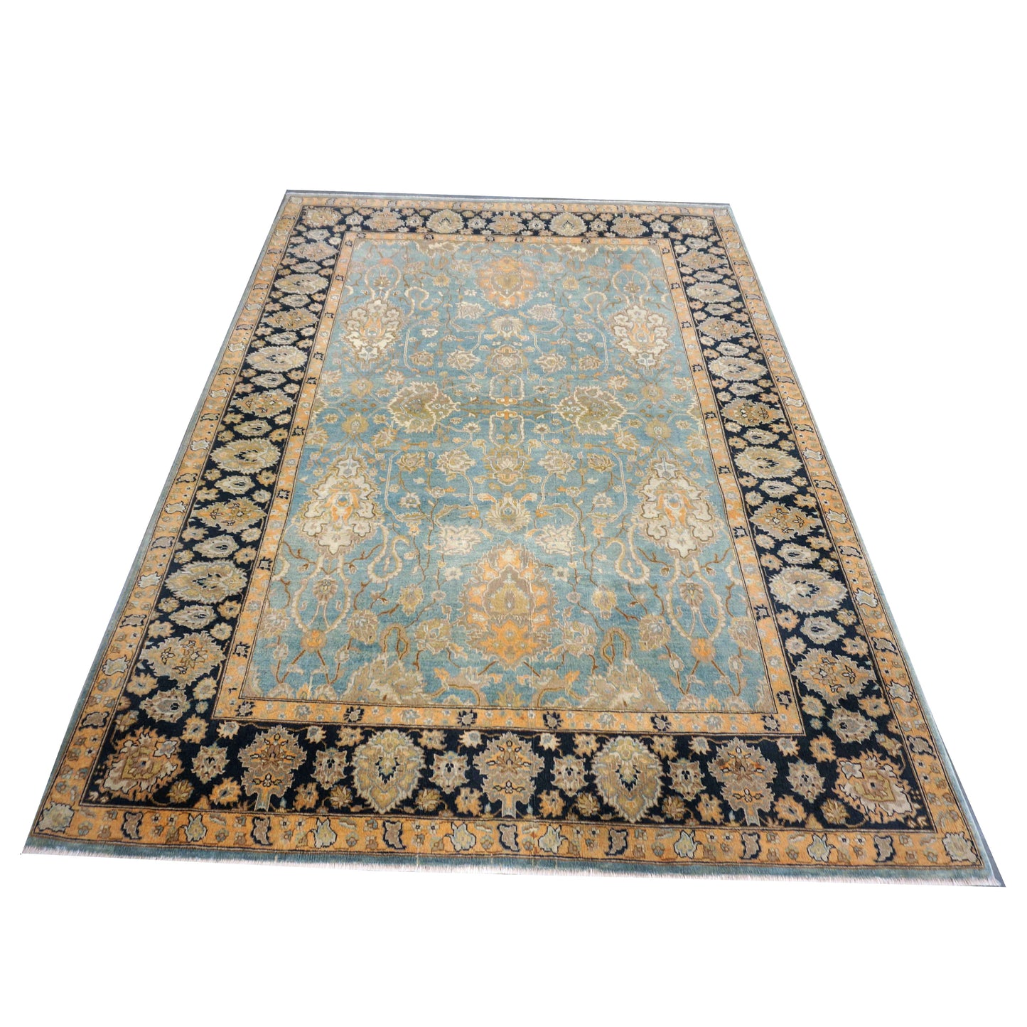 Persian Isfahan Safavid Wool 6x9 Teal, Ivory & Black Handmade Area Rug #1141153