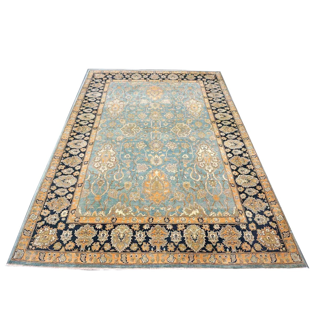 Persian Isfahan Safavid Wool 6x9 Teal, Ivory & Black Handmade Area Rug #1141153