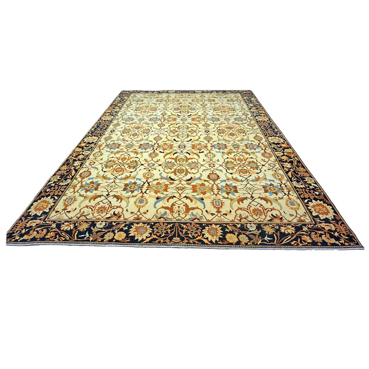 Persian Sarouk Wool 8x12 Ivory, Orange & Navy Handmade Area Rug #1141217