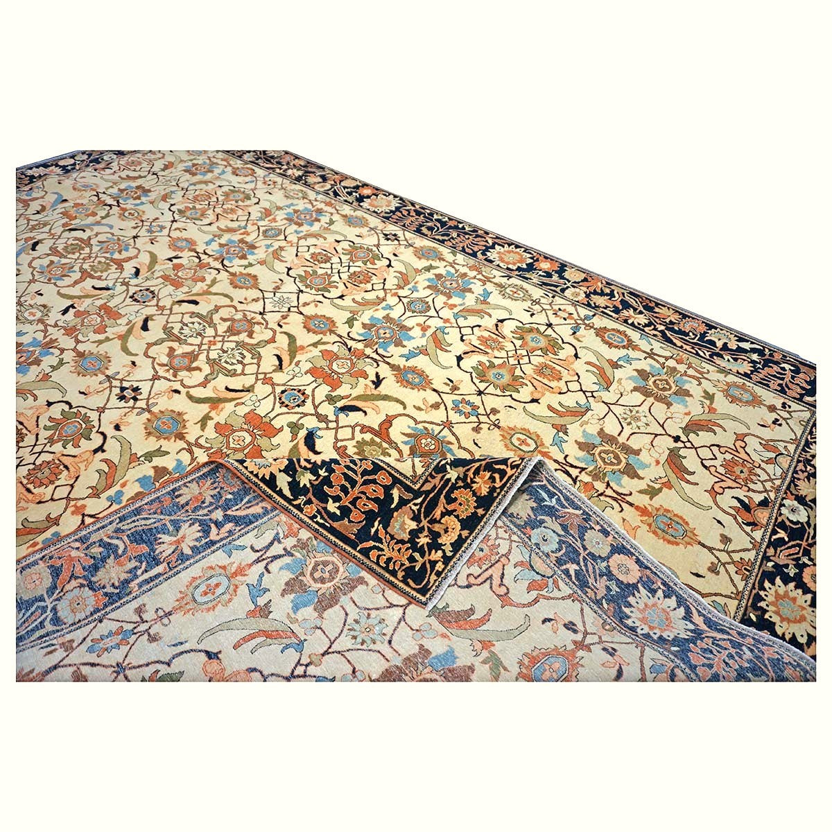 Persian Sarouk Wool 8x12 Ivory, Orange & Navy Handmade Area Rug #1141217