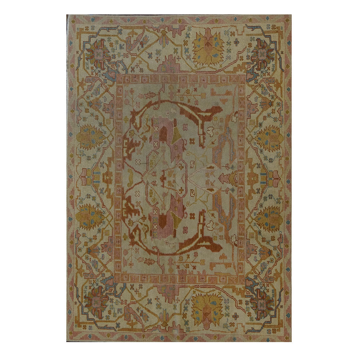 Persian Sultanabad Wool 5x7 Tan, Light Blue, Pink & Orange Handmade Area Rug #1141234