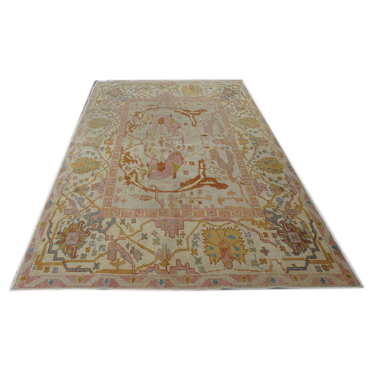 Persian Sultanabad Wool 5x7 Tan, Light Blue, Pink & Orange Handmade Area Rug #1141234