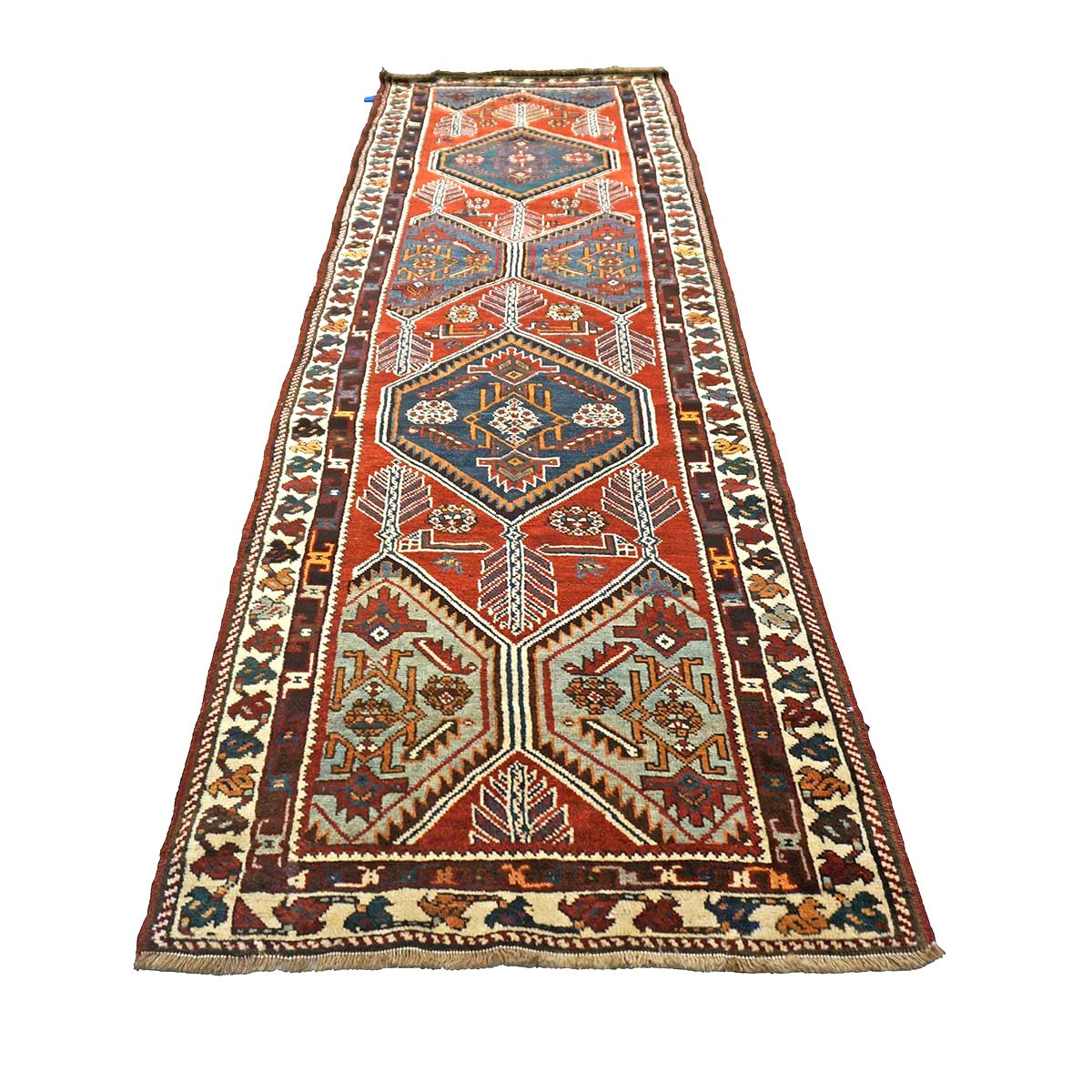 Antique Persian Azerbaijan Tribal Wool 3x10 Red & Blue Handmade Runner Rug #1141304