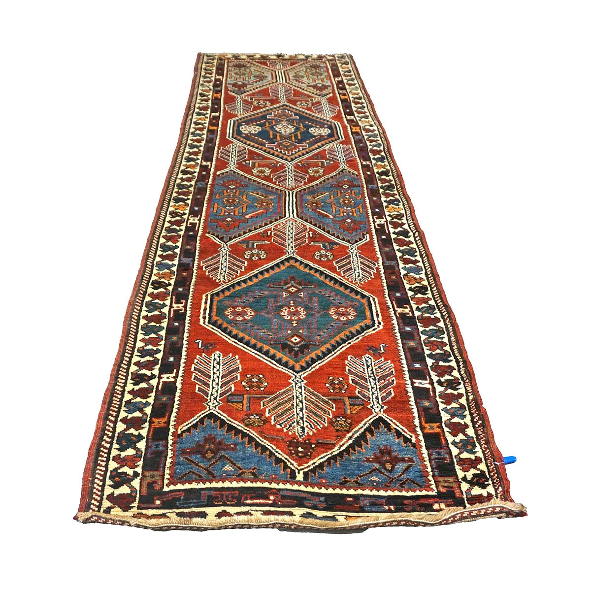 Antique Persian Azerbaijan Tribal Wool 3x10 Red & Blue Handmade Runner Rug #1141304